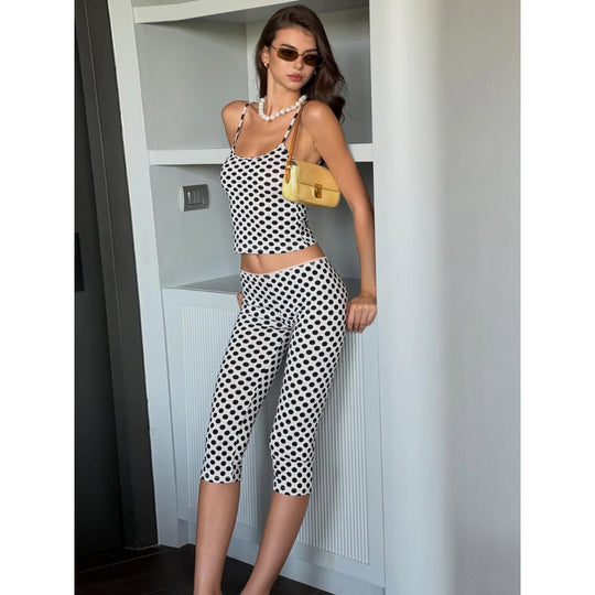 Damen modisches Polka-Dot-Outfit Set mit Crop-Top und knöchellangen Leggings EB