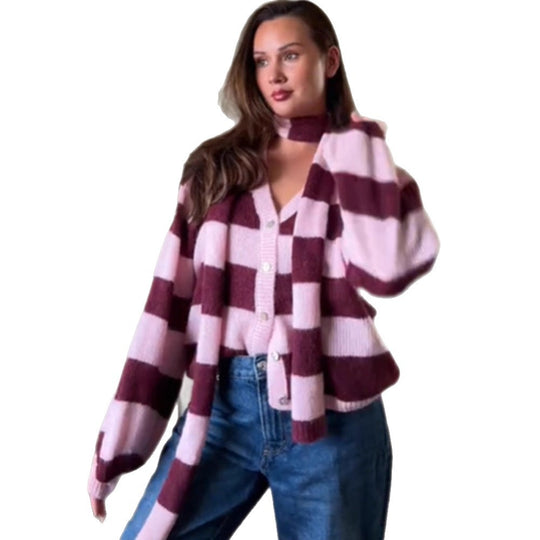 Damen kuschelige Strickjacke mit modischem Karomuster und abnehmbarem Schal EB
