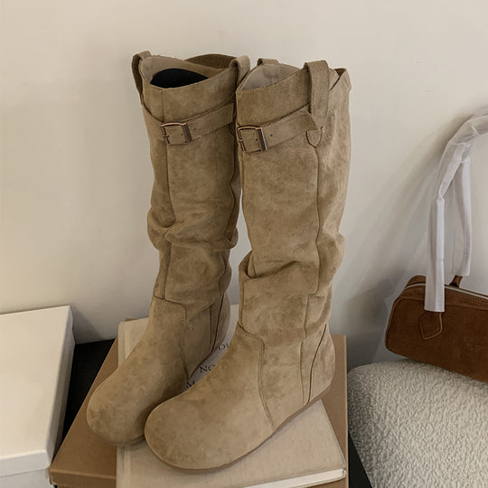 Damen Elegant gefaltete Langschaftstiefel mit modischen Schnallendetails EB