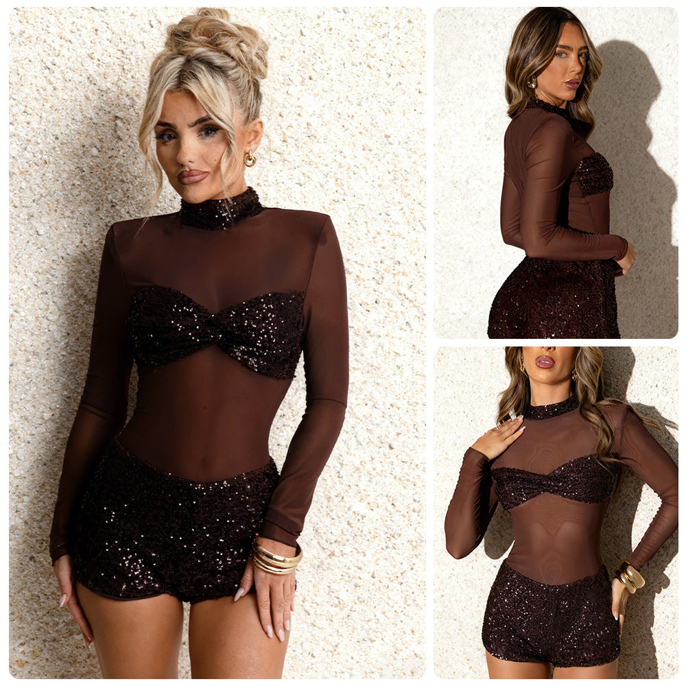 Damen Glitzerndes Jumpsuit mit langen Ärmeln EB