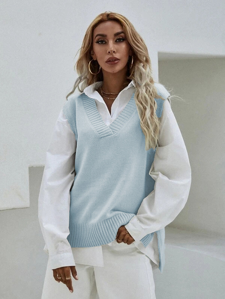 Damen Strickweste mit V-Ausschnitt und eleganter Rippenstruktur EB