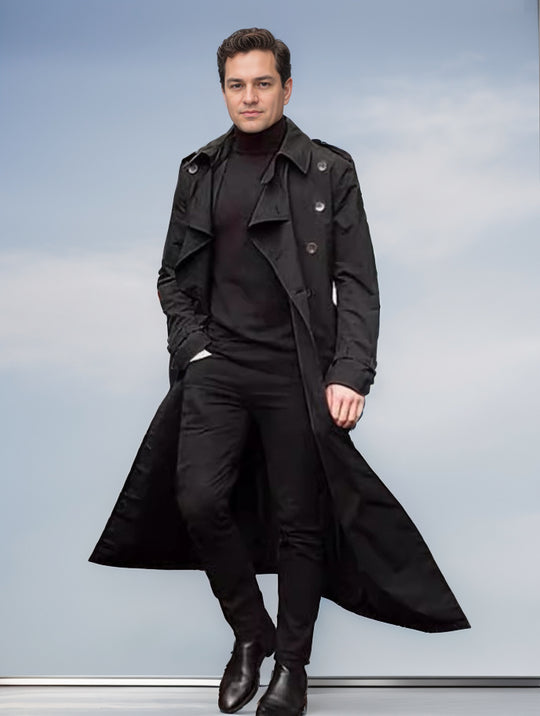 Herren langer Trenchcoat mit modernem Schnitt und praktischen Taschen EB