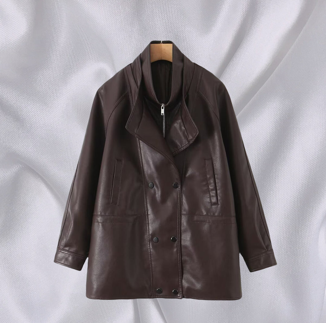 Damen Kunstlederjacke mit breitem Revers und praktischen Taschen EB