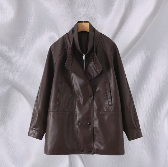 Damen Kunstlederjacke mit breitem Revers und praktischen Taschen EB