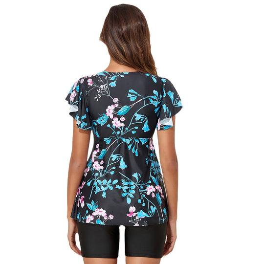 Damen Badeshirt mit Rüschen und integrierten Shorts EB