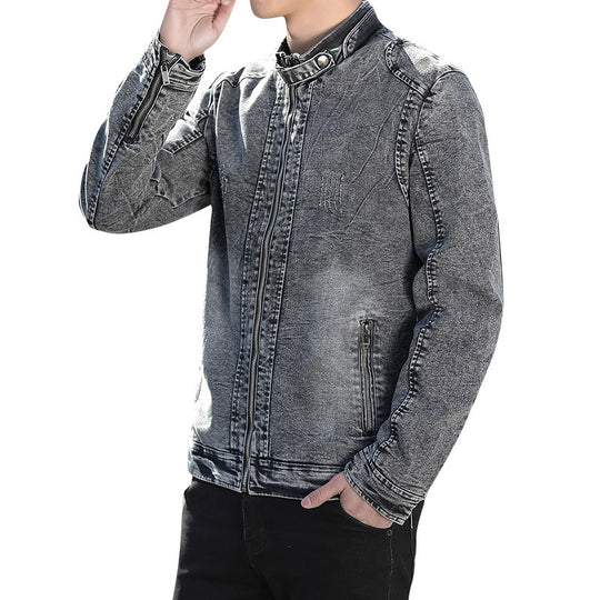 Herren Jeansjacke im Vintage-Washed Slim-Fit mit Stehkragen und Reißverschluss EB