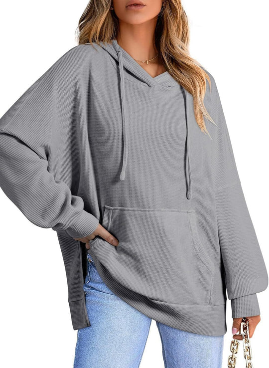 Damen Oversized Kapuzenpullover mit praktischen Taschen und seitlichen Schlitzen EB