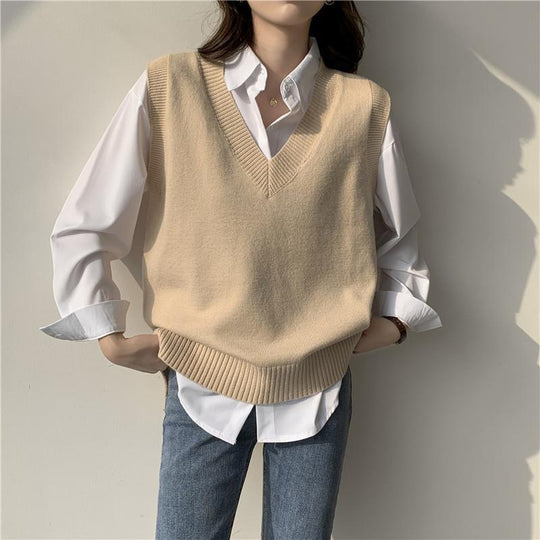 Damen Ärmellose Strickweste mit V-Ausschnitt und Rippdetails EB