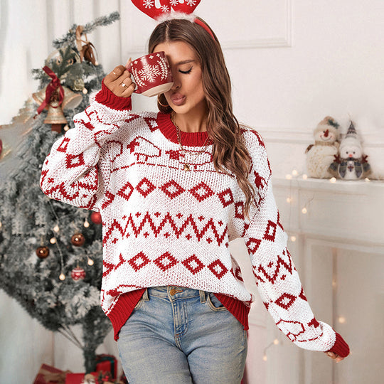 Damen Strickpullover mit fröhlichem Muster und lässigem Schnitt EB