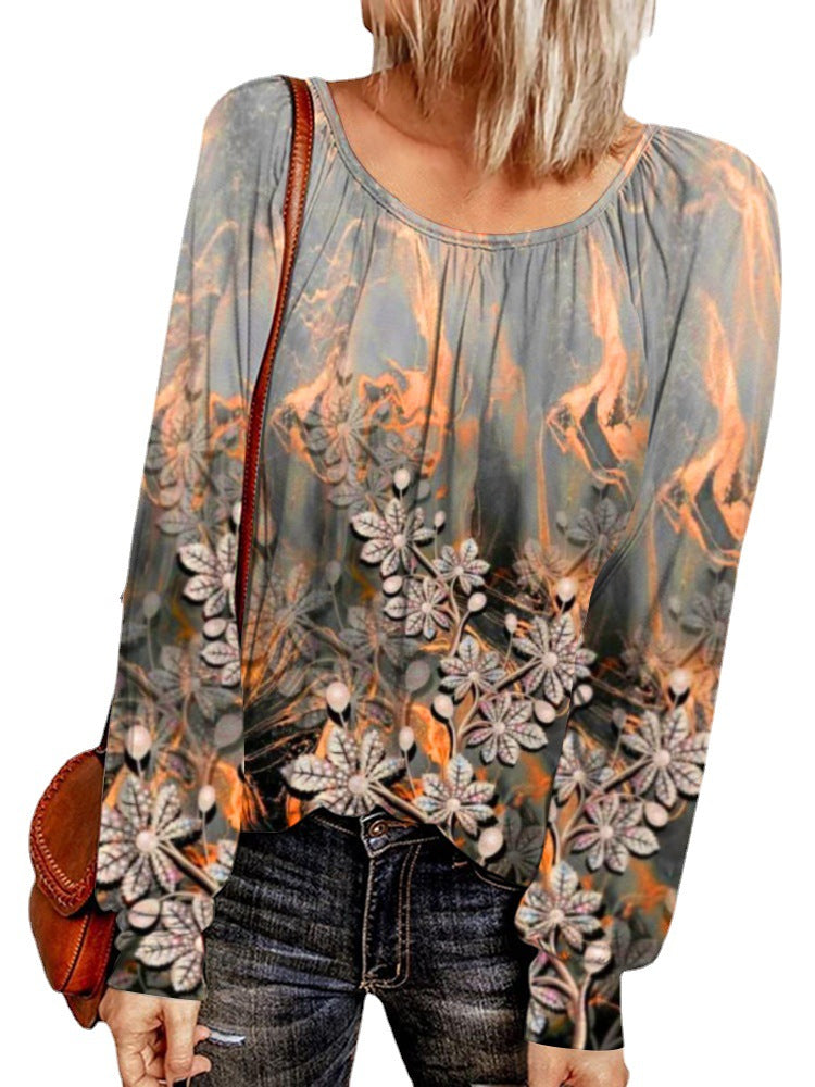 Damen Ethno-Print Oversize-Tunika mit Rundhalsausschnitt und langen Ballonärmeln EB