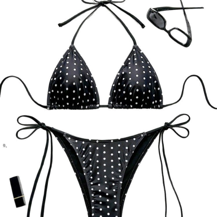 Damen Triangel-Bikini mit verspielten Bindebändern und elegantem Punktmuster EB