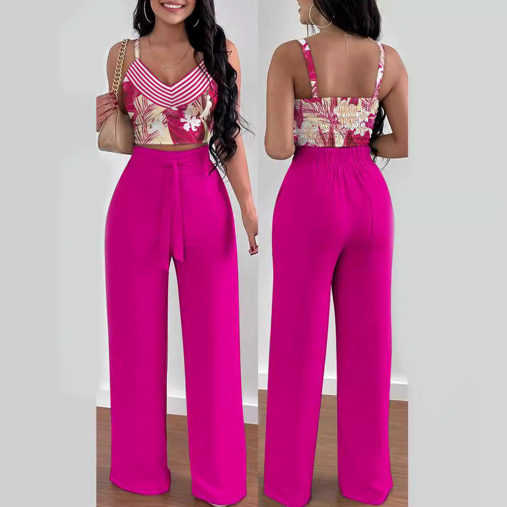 Damen lässiges Set bestehend aus floralem Oberteil mit Rüschen und weitem Hosen EB