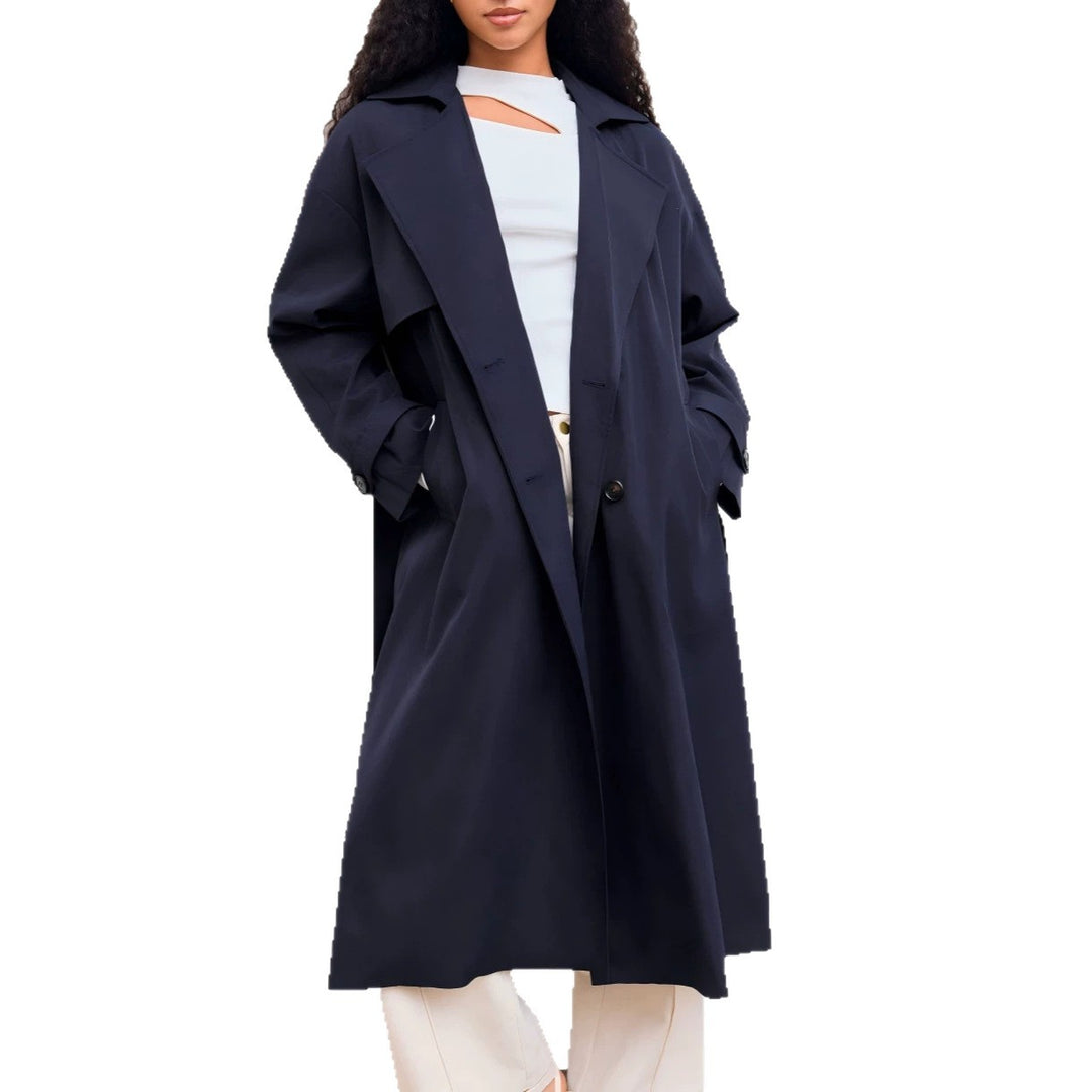 Damen Langer Trenchcoat-Mantel mit weiter Silhouette, Reverskragen und Taillengürtel EB