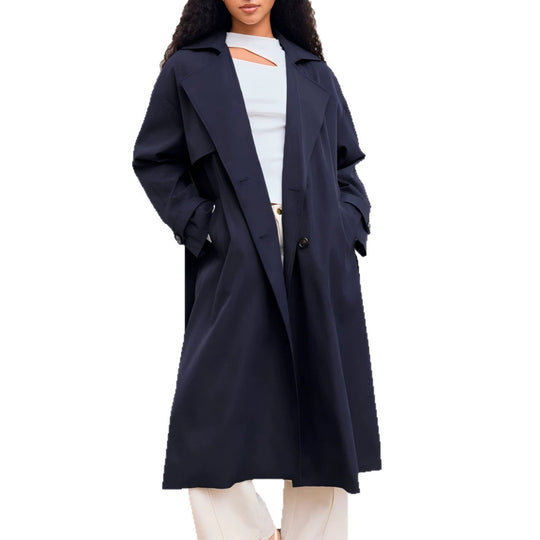 Damen Langer Trenchcoat-Mantel mit weiter Silhouette, Reverskragen und Taillengürtel EB