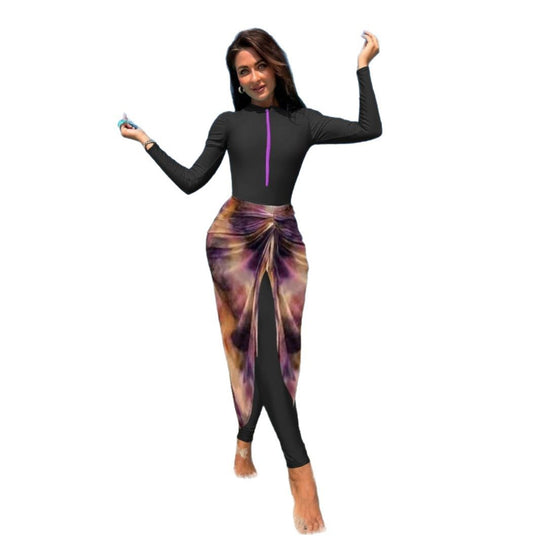 Damen Modischer UV-Schutz-Schwimmanzug mit langem Arm und asymmetrischem Rock EB