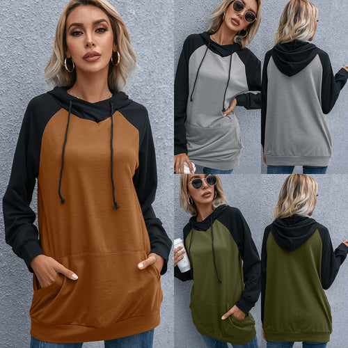 Damen lässiger Kapuzenpullover mit Taschen und sportlichem Raglan-Schnitt EB