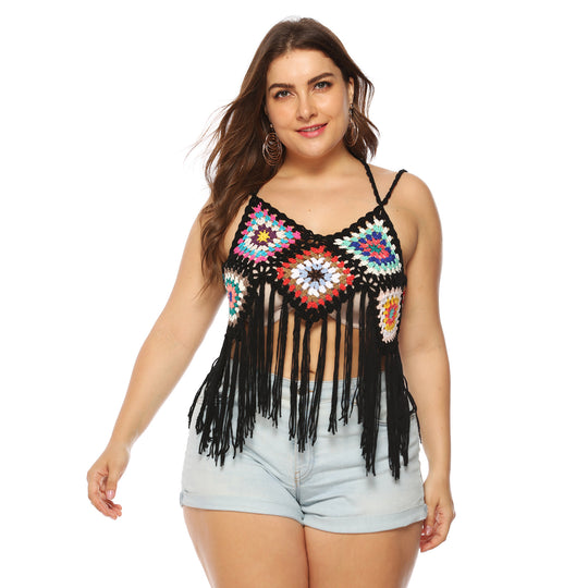 Damen gehäkeltes Crop-Top mit buntem Fransen-Design EB