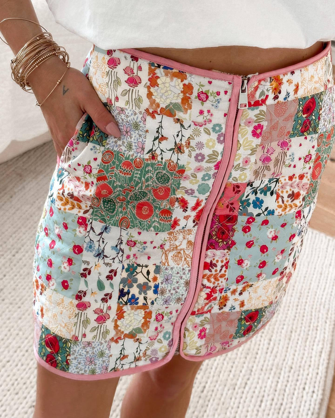 Damen Patchwork Rock mit Reißverschluss und seitlichen Taschen EB