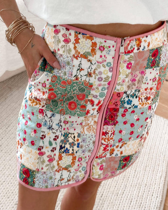 Damen Patchwork Rock mit Reißverschluss und seitlichen Taschen EB