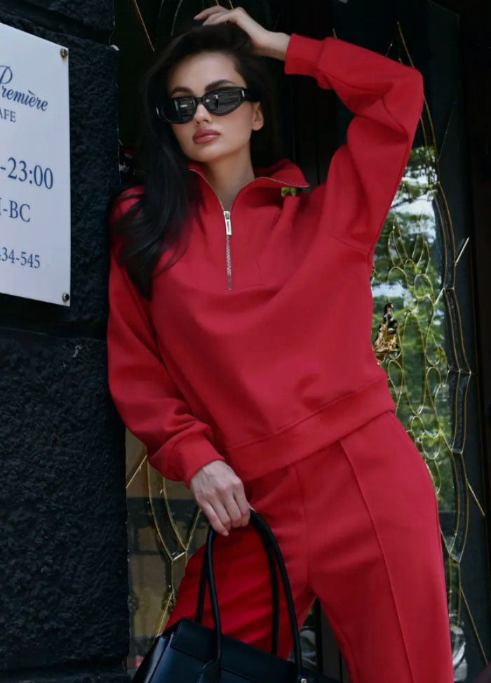 Damen Loungewear-Set mit halbem Reißverschluss und weiter Bügelfalten-Hose EB