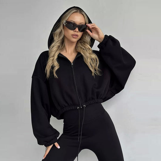 Damen nan kurzes Oversize-Kapuzensweatshirt mit Halbzip und Kordelzugbund EB