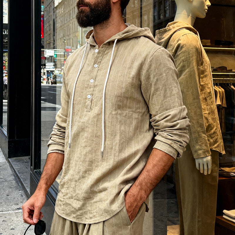 Herren nan Kapuzenshirt aus Leinenmix mit halber Knopfleiste und Nadelstreifen EB