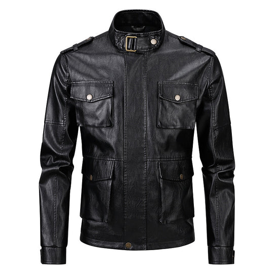 Herren Militärjacke aus Kunstleder mit praktischen Taschen und hohem Kragen EB