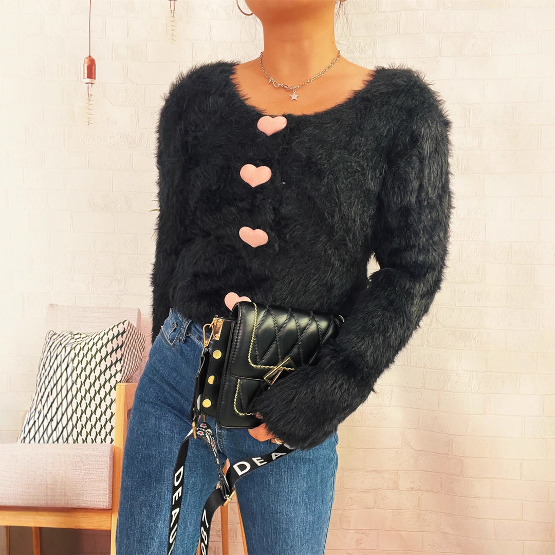 Damen Kuscheliger Strickpullover mit Herzknöpfen EB