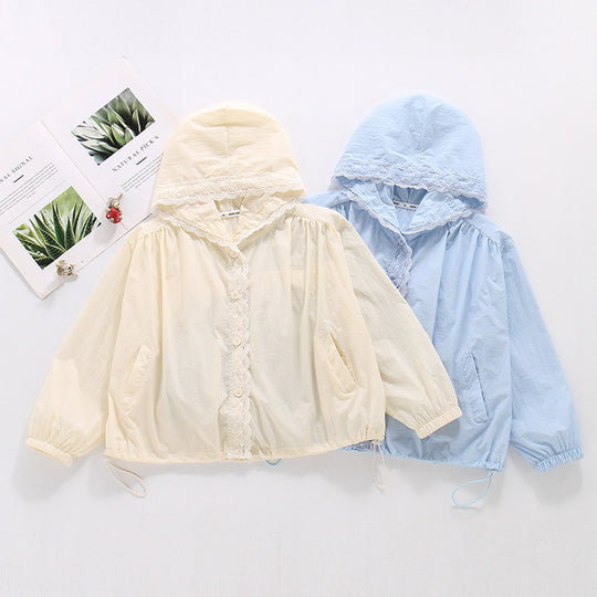 Damen nan leichte Kapuzenjacke mit Spitzendetail, elastischem Saum und Eingrifftaschen R&B