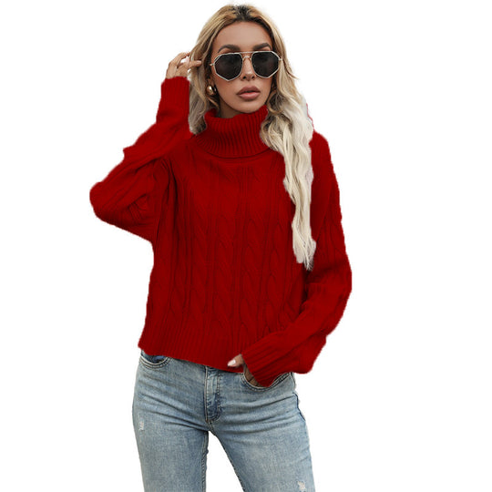 Damen pullover mit hohem Rollkragen und Zopfmuster EB