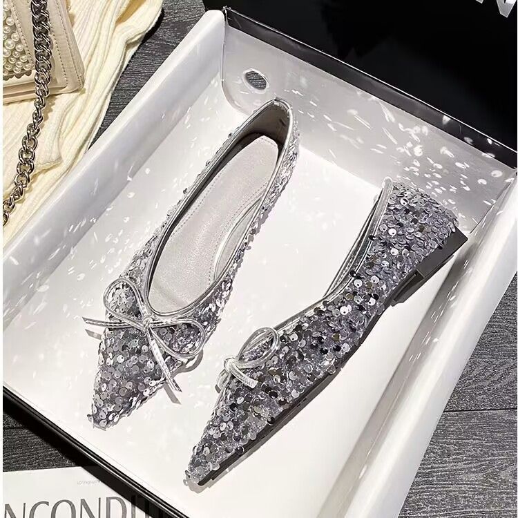 Damen funkelnde Ballerinas mit spitzem Zehenbereich und dekorativem Paillettenschmuck EB