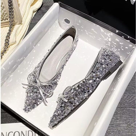 Damen funkelnde Ballerinas mit spitzem Zehenbereich und dekorativem Paillettenschmuck EB