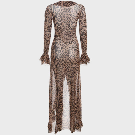 Damen Maxikleid mit Leopardenprint und gerafften Ärmeln EB