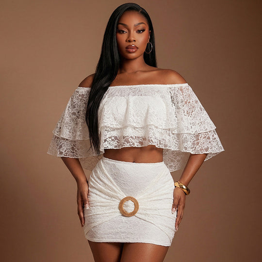 Damen Spitzen Crop-Top und Rock Set EB