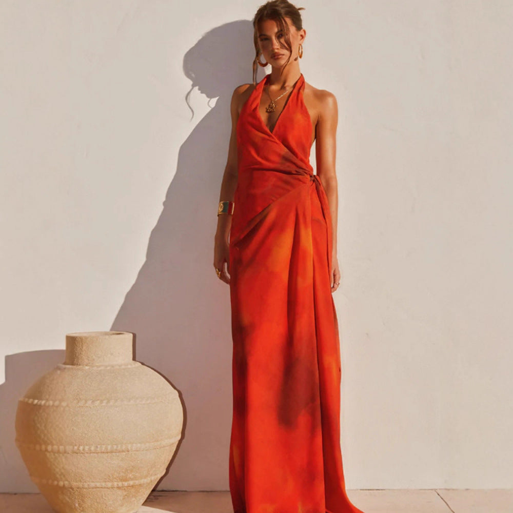 Damen Wickelmaxikleid mit tiefem V-Ausschnitt und fließendem Saum EB
