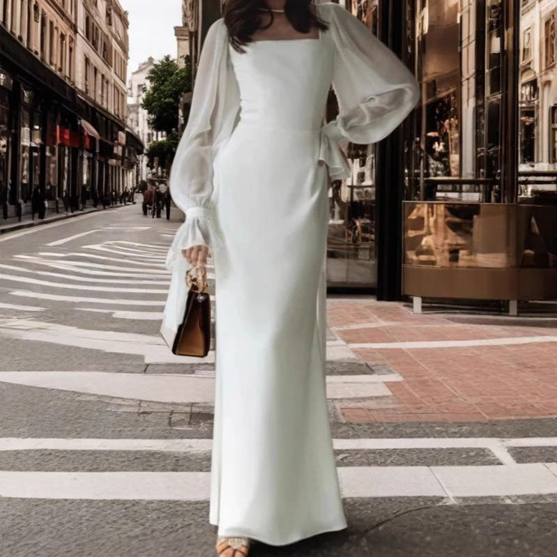 Damen elegantes Maxikleid mit Puffärmeln und quadratischem Ausschnitt EB