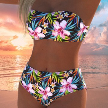 Damen Bandeau-Bikini-Set mit hochgeschnittenem Höschen und tropischem Blütenmuster EB