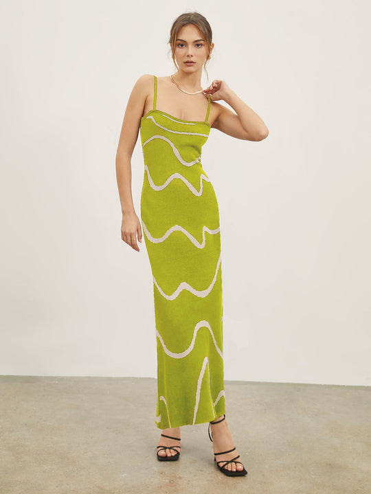 Damen Maxikleid mit modernem Wellenmuster und feinen Spaghettiträgern EB