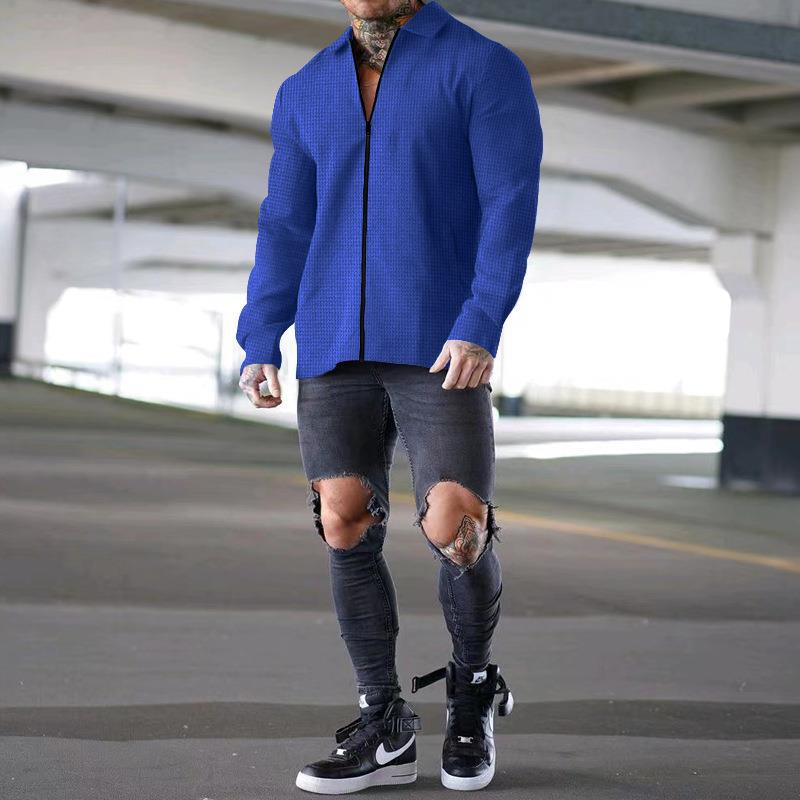 Herren lässiges Kurzarm-Hemd mit strukturiertem Design und modernem Reißverschluss EB