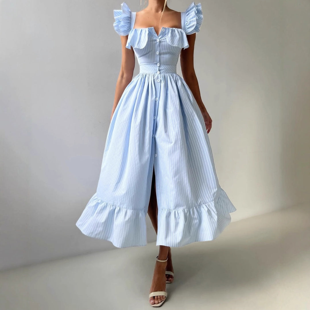 Damen Rüschensommerkleid mit Knopfdetails und weitem Rock EB