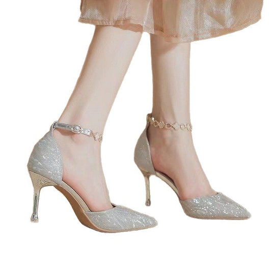 Damen elegante Pumps mit glitzerndem Strass und zartem Riemchen EB
