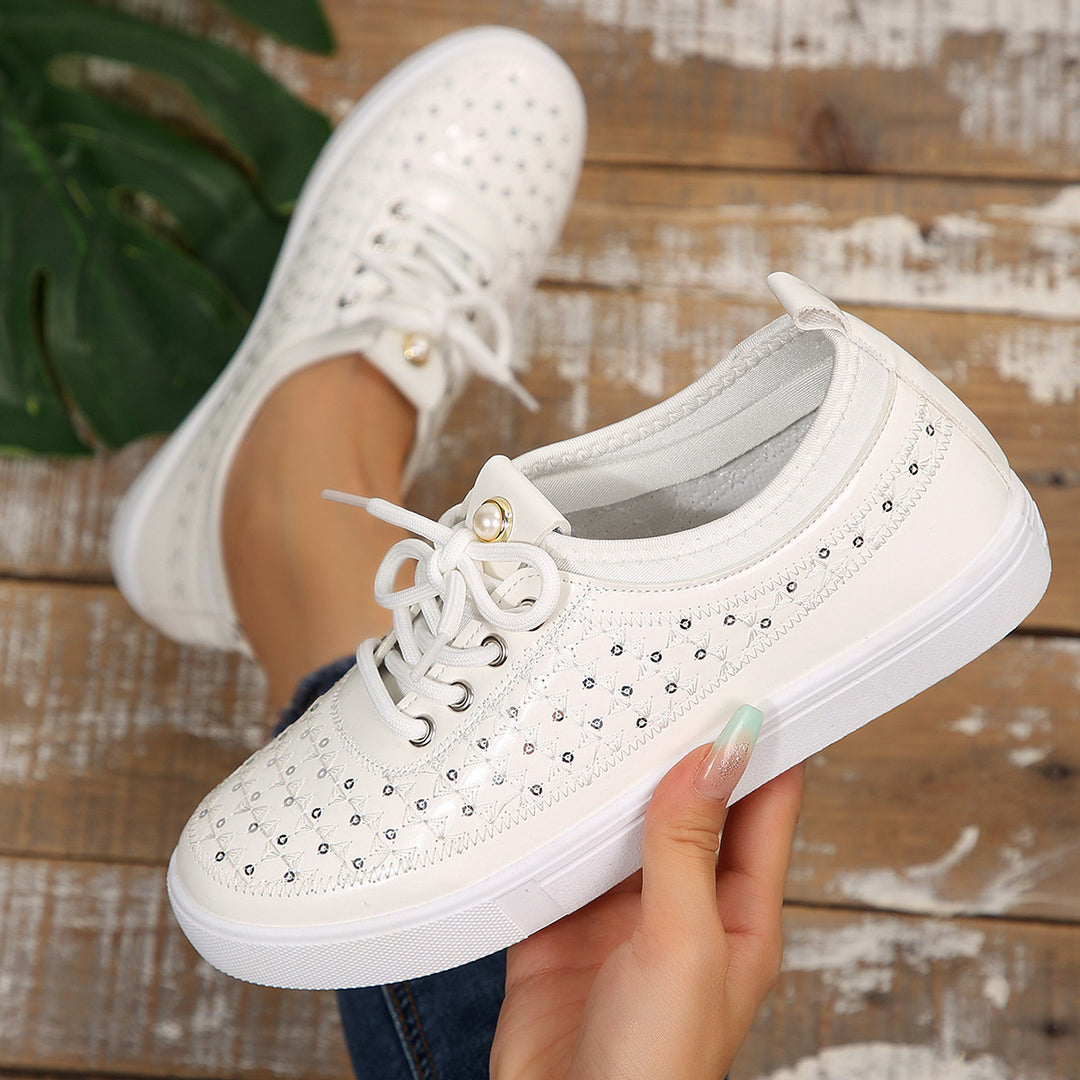 Damen modische Sneakers mit glitzernden Pailletten und präziser Schnürung EB