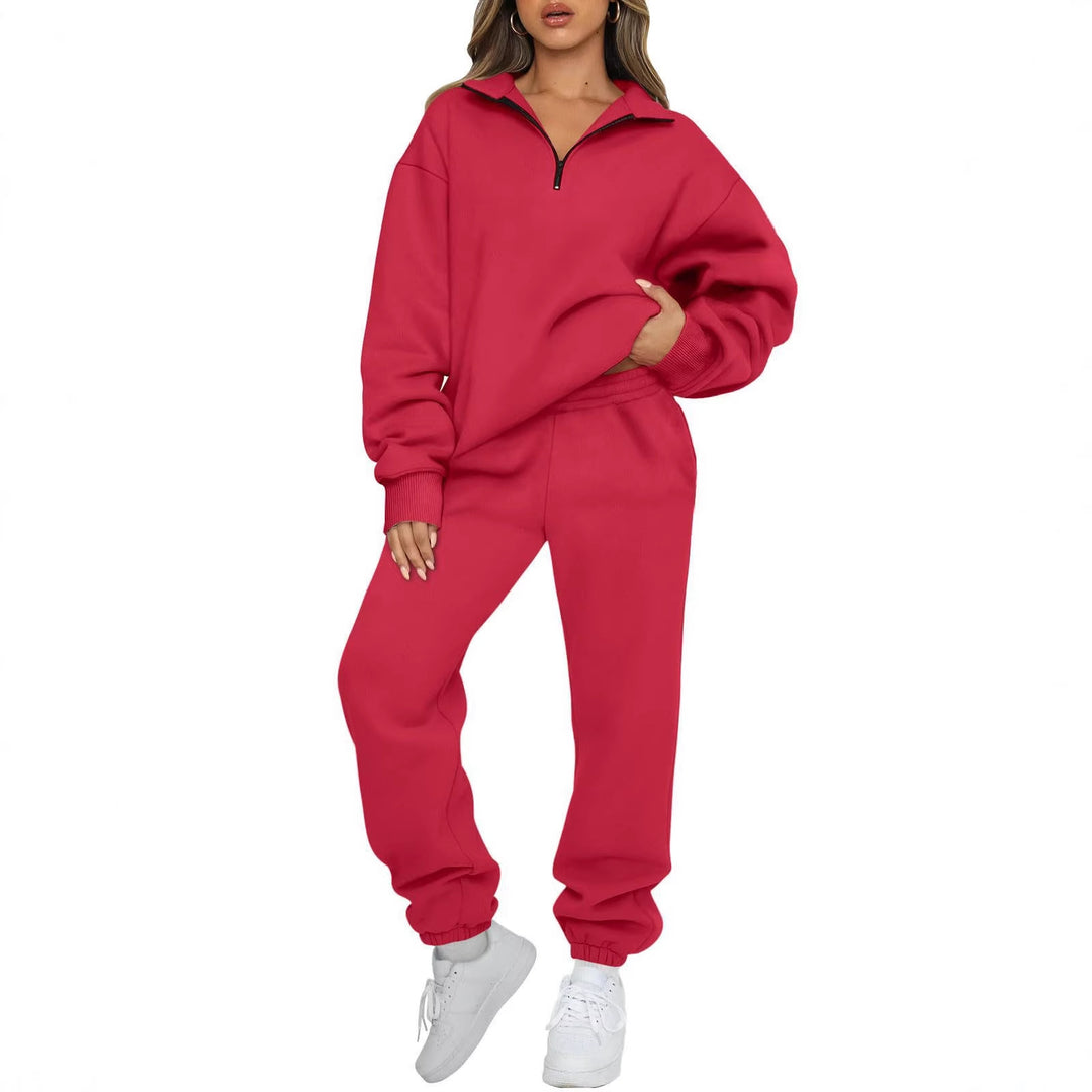 Damen nan Halbzip-Loungewear-Set mit übergroßem Kragenpullover und taillierter Jogginghose mit elastischem Bund EB