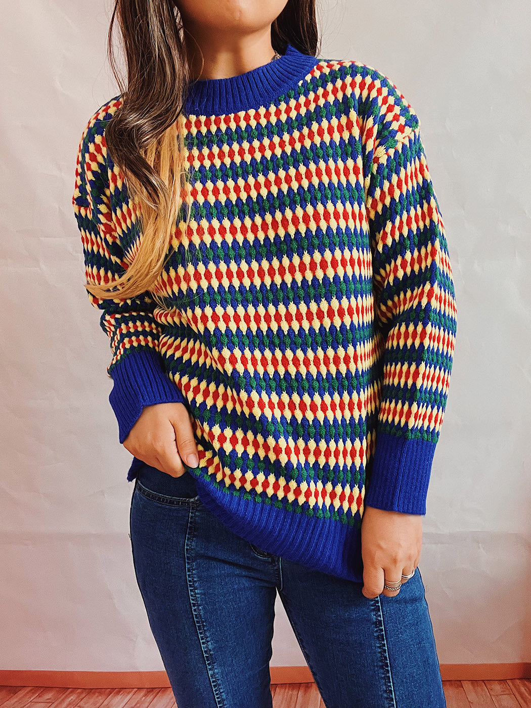 Damen lässiger Strickpullover mit buntem Rautenmuster und Rundhalsausschnitt EB