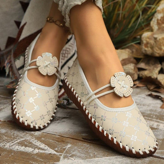 Damen nan flache Mokassin-Ballerina mit Paisley-Laserprint elastischem Kordelverschluss handgenähter Rahmennaht und flexibler profilter Laufsohle EB
