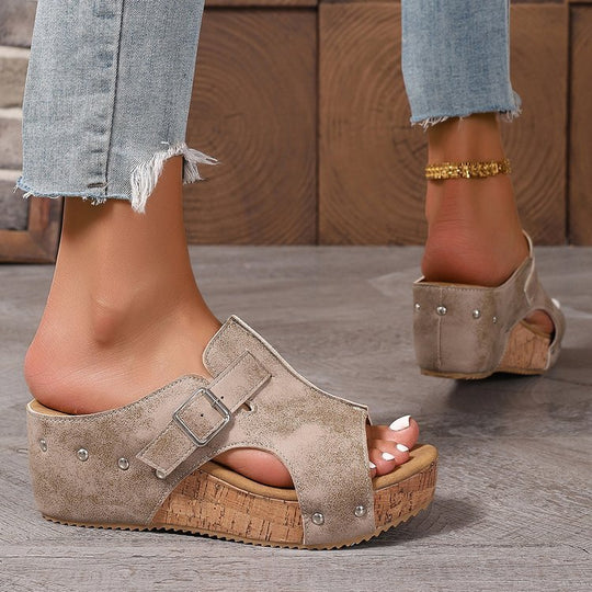 Damen modische Clogs mit verstellbarer Schnalle und korkähnlicher Sohle EB