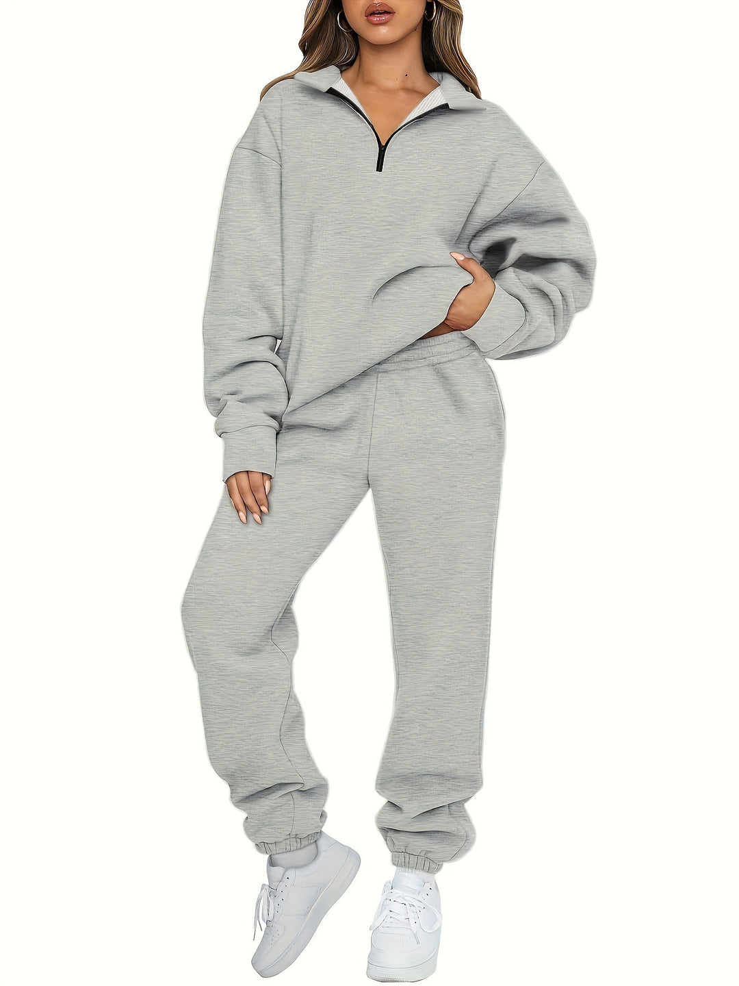 Damen nan zweiteiliges Relax-Set mit halbverdecktem Halbzip-Sweatshirt im Oversize-Schnitt und hohem Komfortbund Jogginghose EB