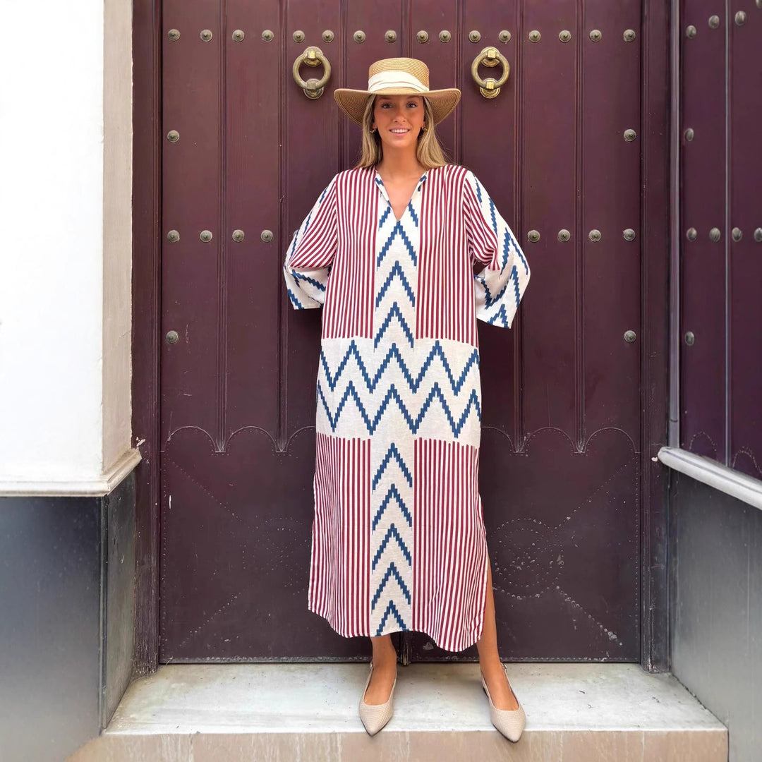 Damen Lässiges Maxikleid mit modernem Grafikdruck und seitlichen Schlitzen EB