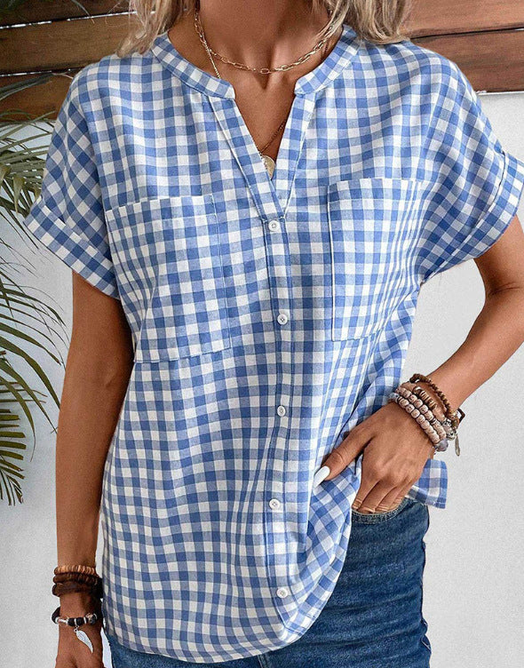 Damen Karobluse mit leichtem Baumwollstoff und modischem Button-Up-Design Heidi-Mode
