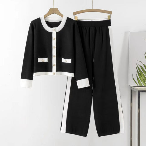 Damen Strick-Loungewear-Set mit dekorativen Knöpfen und seitlichem Schlitz EB
